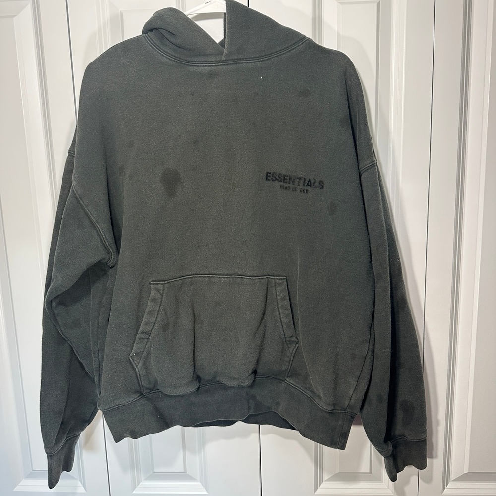 Fear of God Essentials Hoodie Mens Small Black Flocked Logo Pullover Streetwear